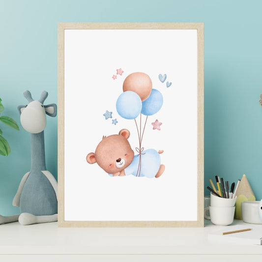 Framed artwork of a bear with balloons on a shelf with toys and stationery.