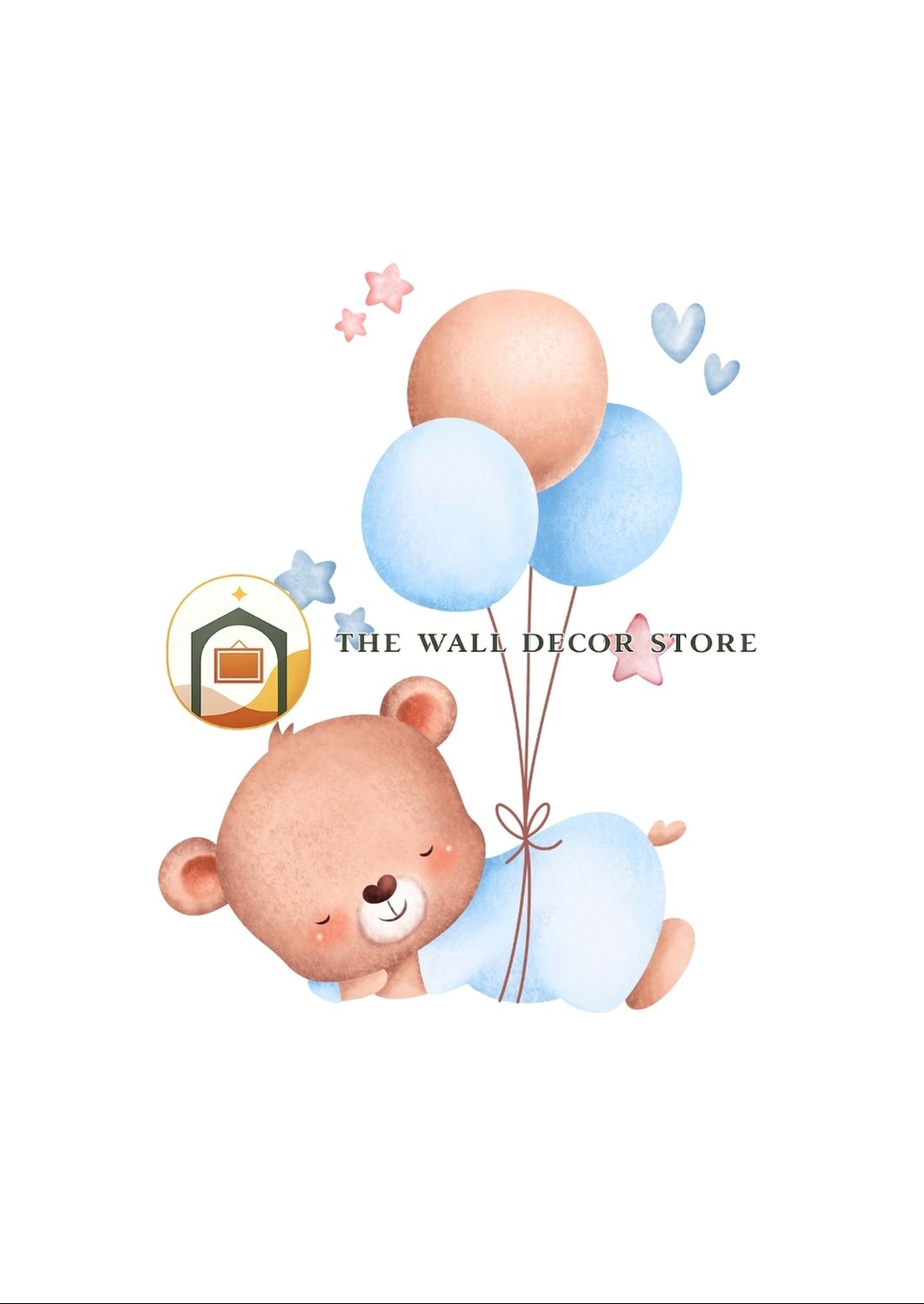 Cartoon bear holding balloons with 'The Wall Decor Store' logo.