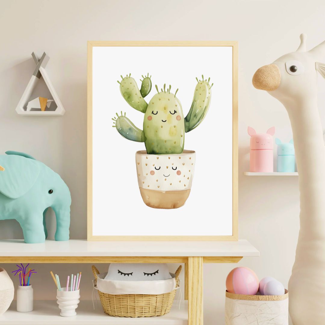 Framed illustration of a smiling cactus on a shelf with toys and decor.