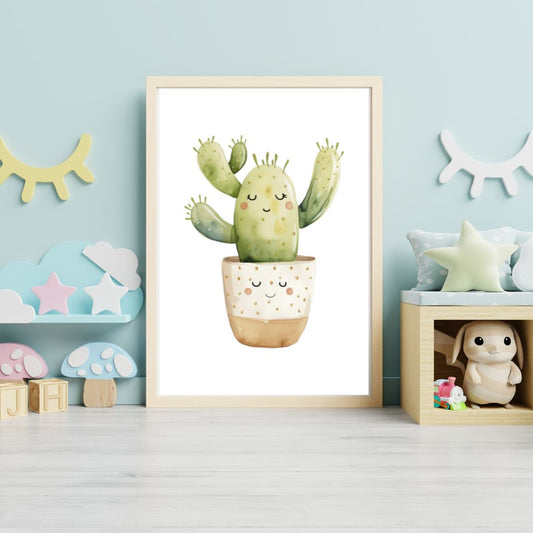 Framed illustration of a smiling cactus plant in a child's room with toys and decor.