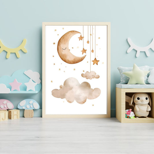 Framed artwork with a moon and cloud design in a child's room.