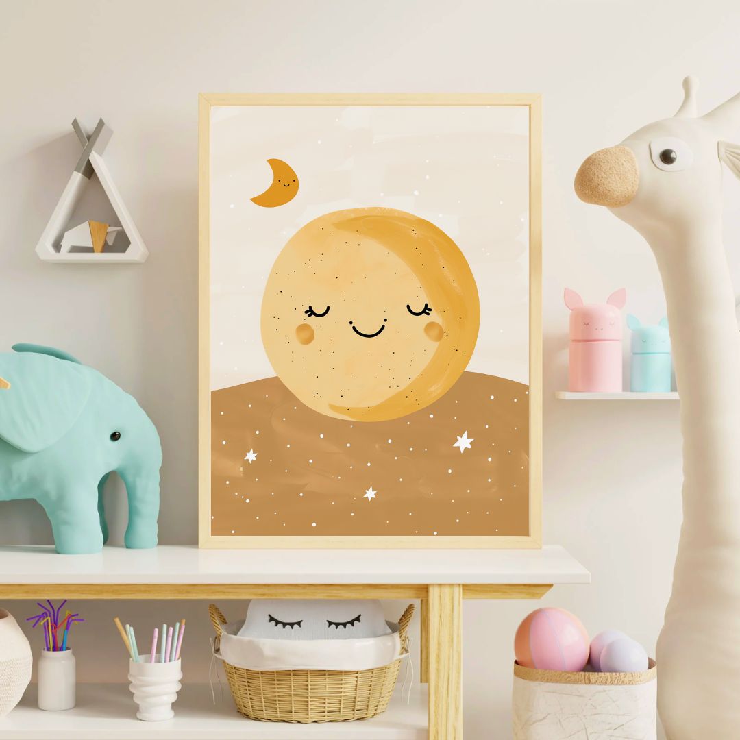 Framed illustration of a smiling sun on a shelf with toys and decor