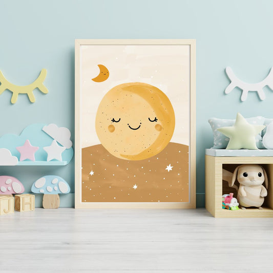 Framed artwork of a smiling moon on a wall in a child's room with toys and decor.
