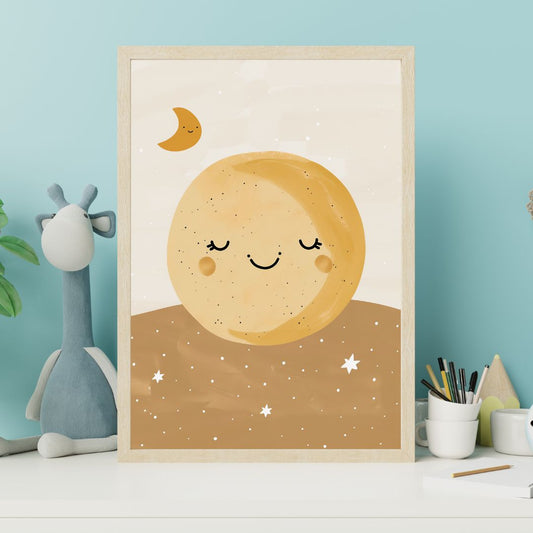 Framed children's poster of a smiling moon on a desk with stationery items.