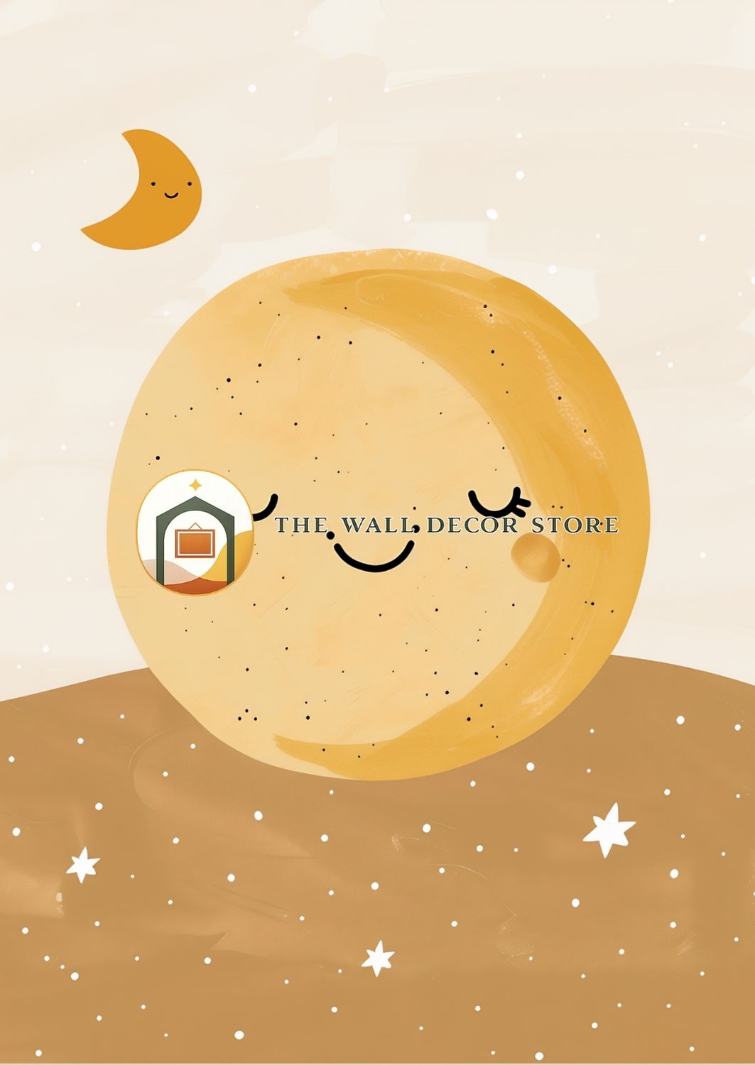 Illustration of a smiling moon and star with 'The Wall Decor Store' logo on a beige background.