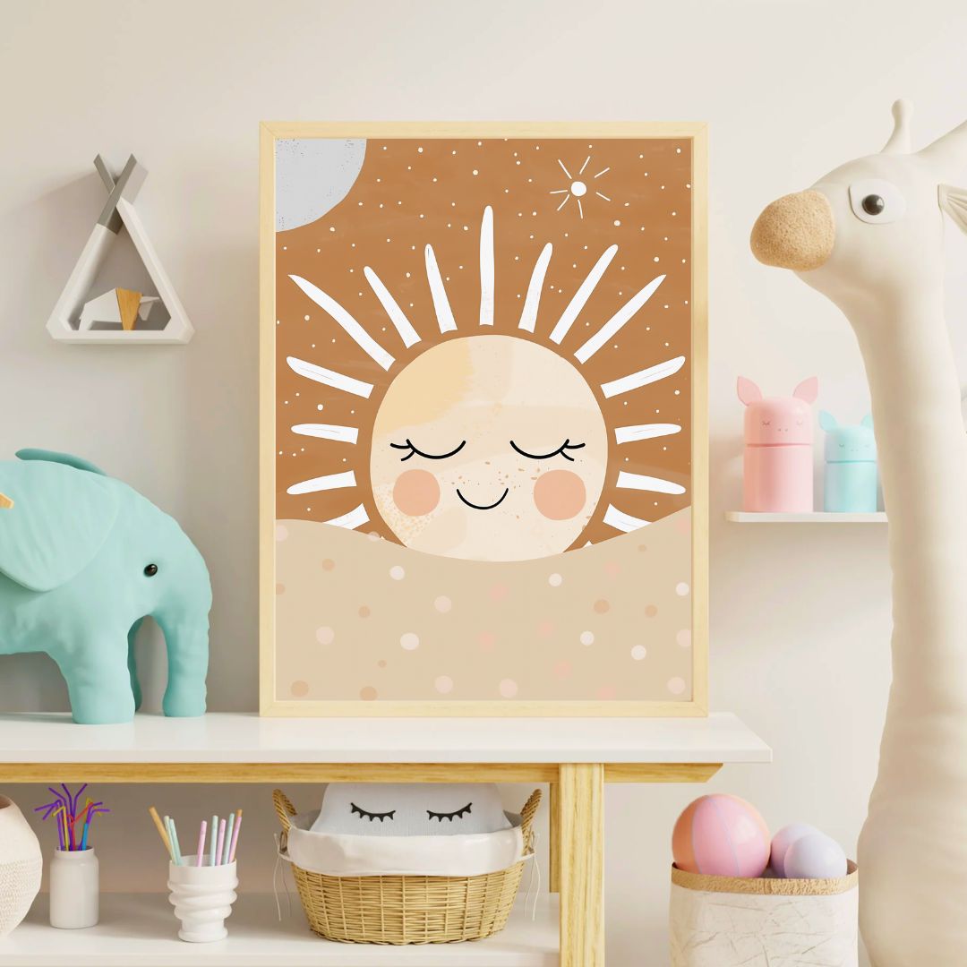 Framed illustration of a smiling sun on a shelf with toys and decor.