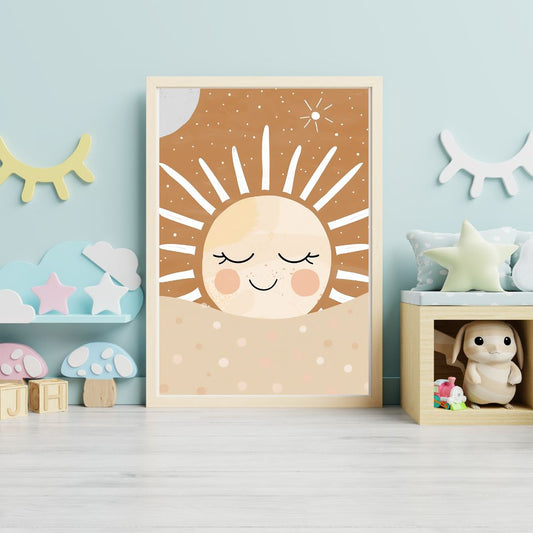 Framed illustration of a smiling sun on a wall in a child's room with toys and decorations.