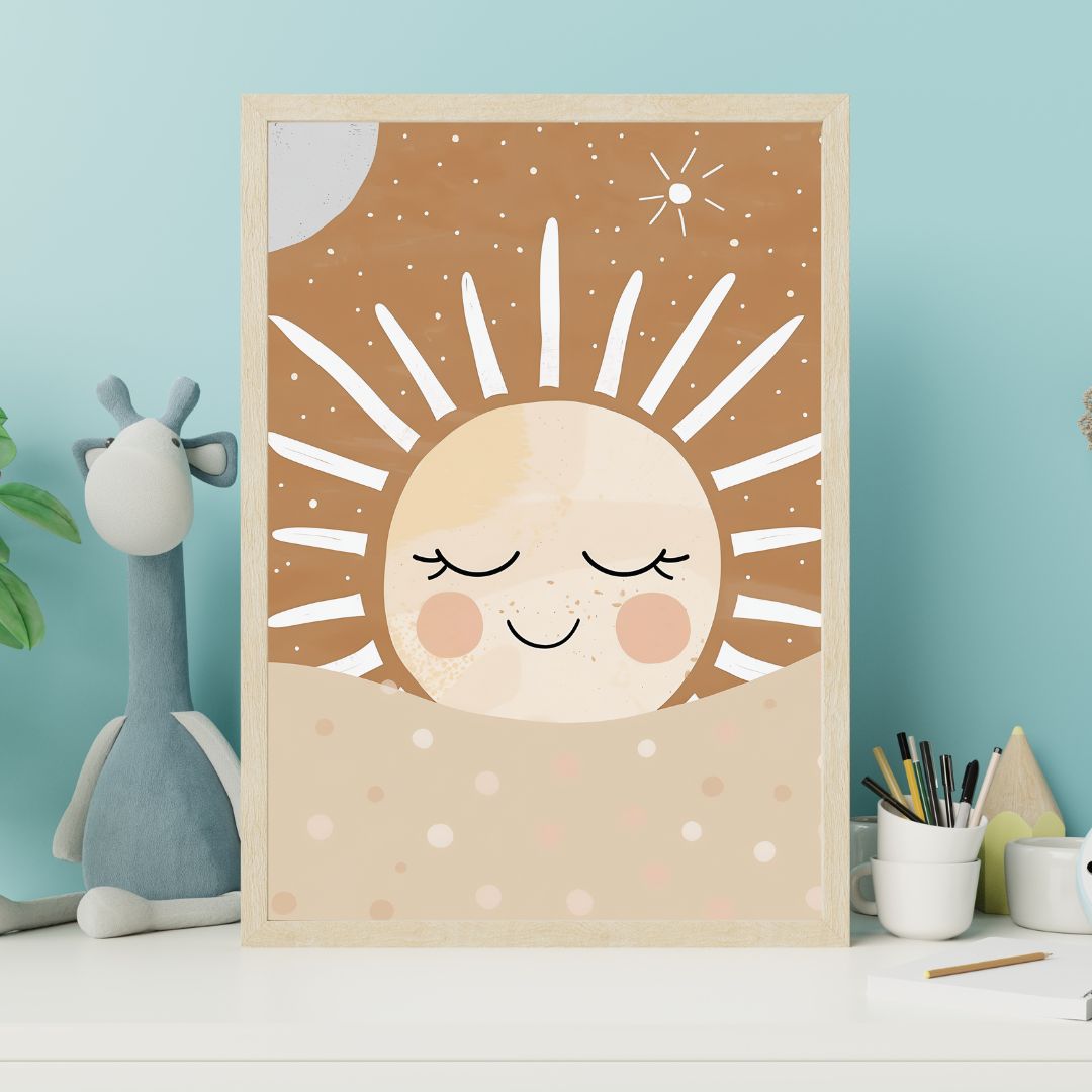 Framed artwork of a smiling sun with a neutral background, placed on a shelf.