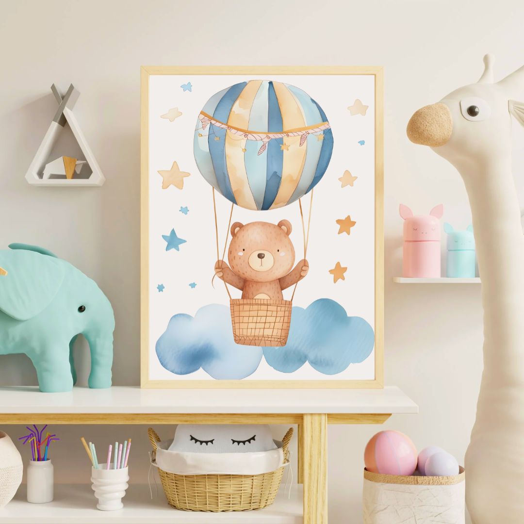 Framed children's poster of a bear in a hot air balloon on a cloud, surrounded by toys and decor in a room.