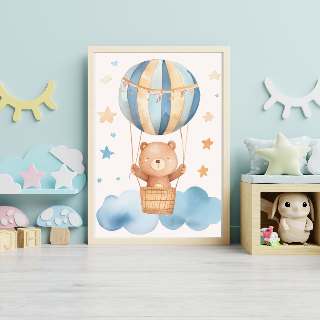 Framed children's poster of a bear in a hot air balloon in a playroom setting.