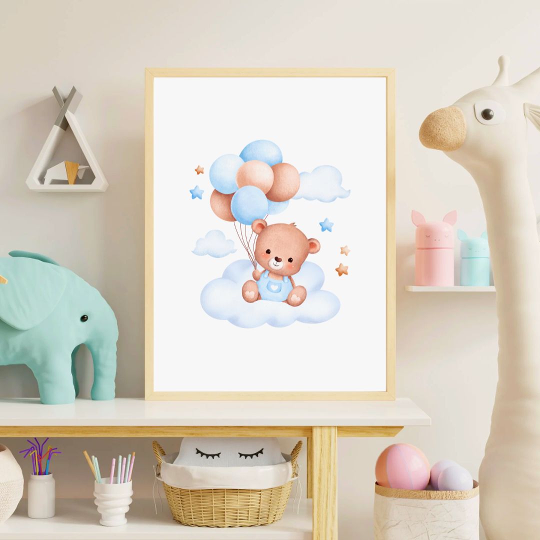 Framed children's poster of a bear with balloons in a playroom setting.
