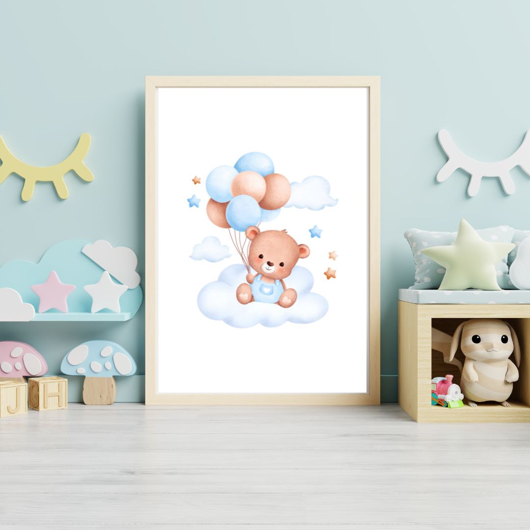 Framed children's poster of a teddy bear with balloons in a room with toys and decorations.