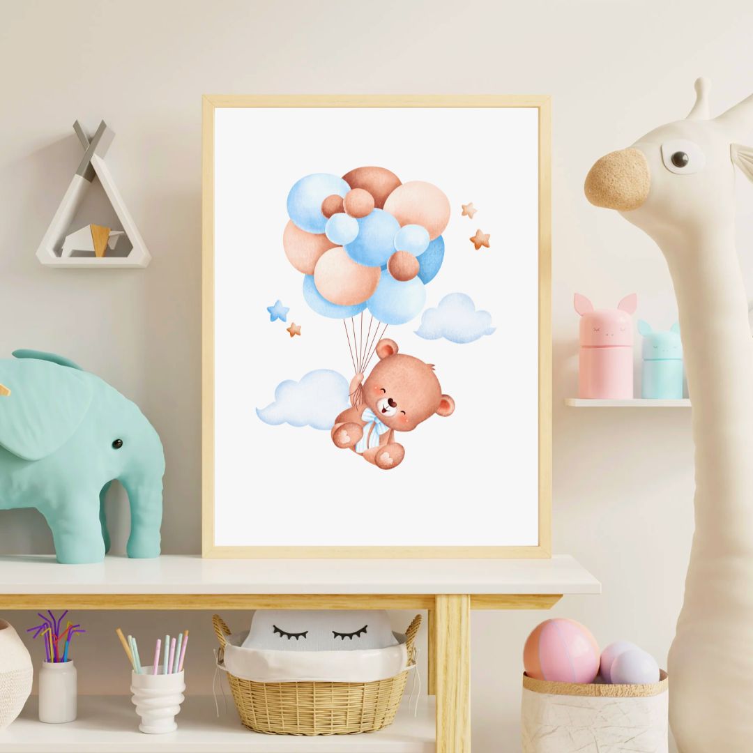Framed children's poster of a bear with balloons in a playroom setting.