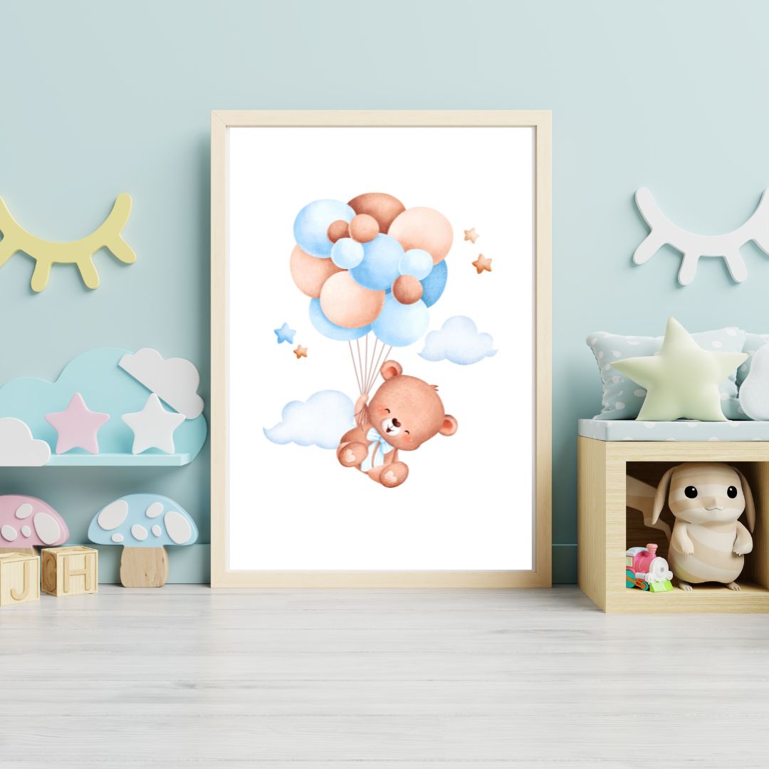 Framed artwork of a teddy bear with balloons in a child's room.
