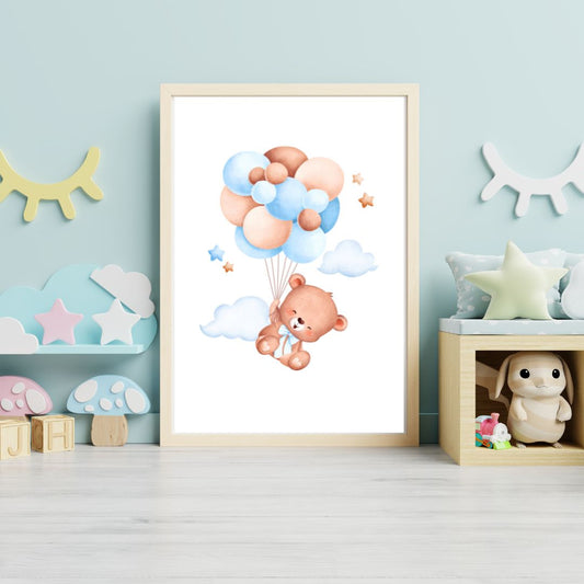 Framed artwork of a teddy bear with balloons in a child's room.