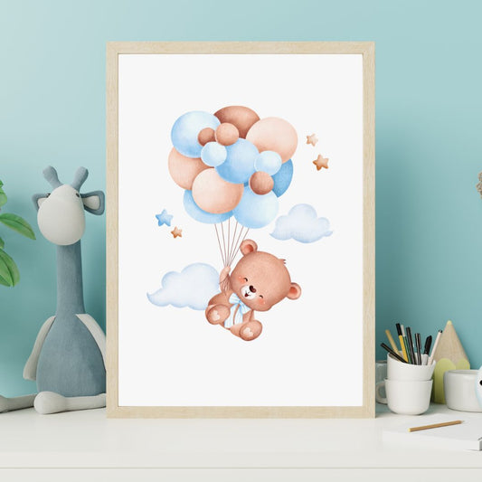 Framed artwork of a teddy bear with balloons on a wall with a blue background.