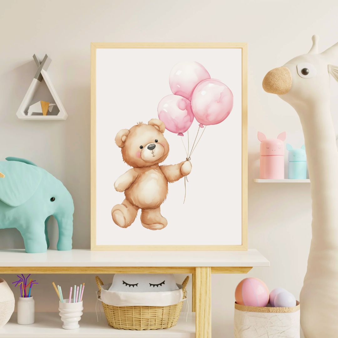 Framed artwork of a teddy bear with pink balloons in a child's room.