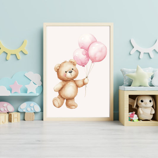 Framed artwork of a teddy bear holding pink balloons in a child's room.