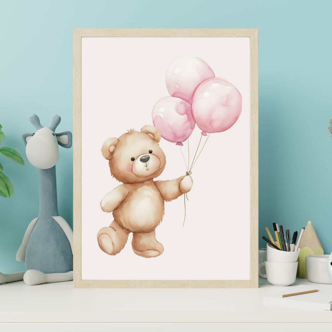 Framed artwork of a teddy bear holding pink balloons on a wall with toys and stationery.