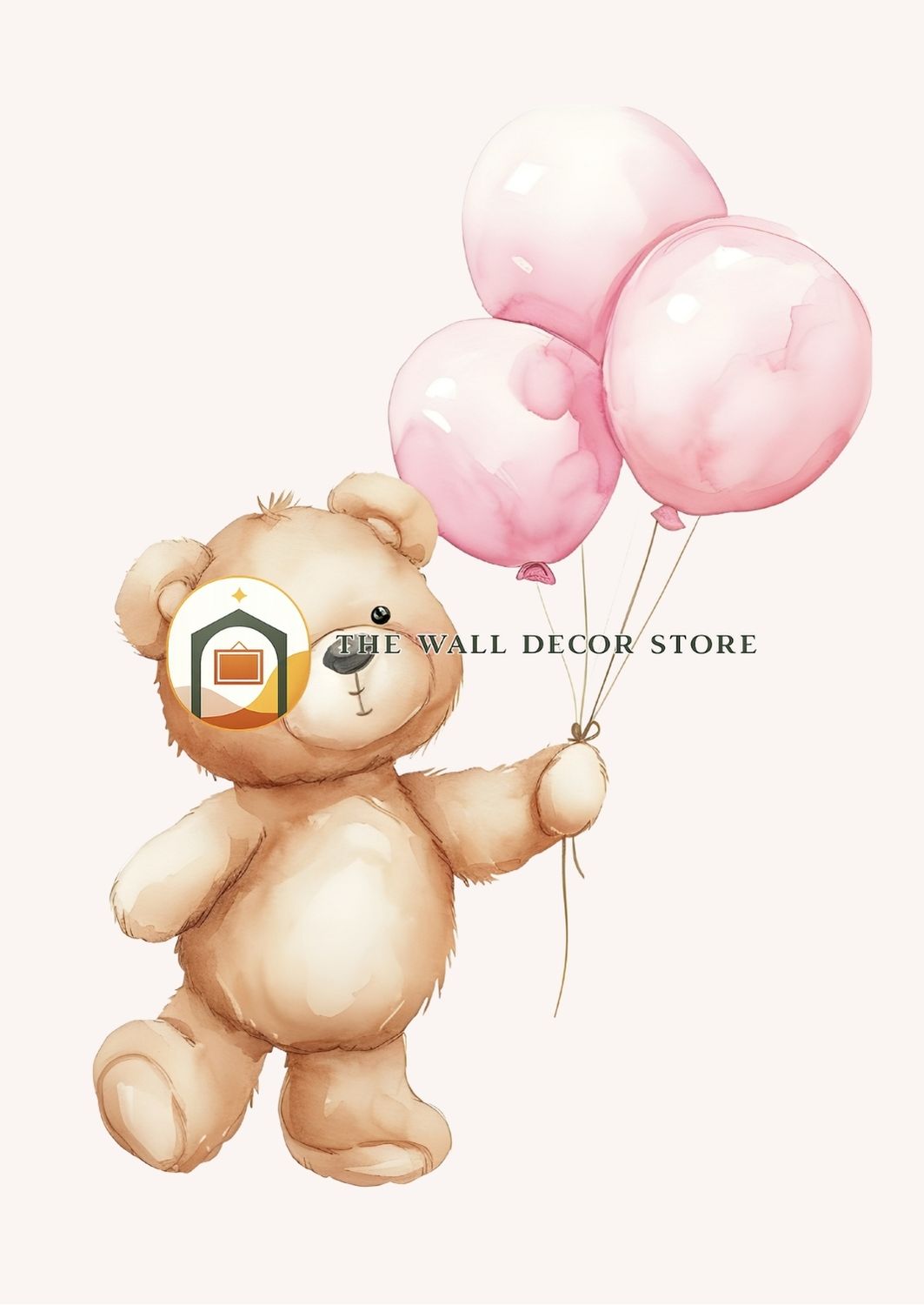 Teddy bear holding pink balloons with 'The Wall Decor Store' logo.