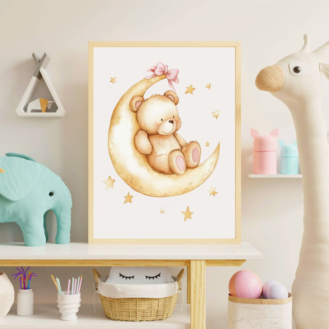 Framed artwork of a teddy bear on a moon with stars in a child's room.