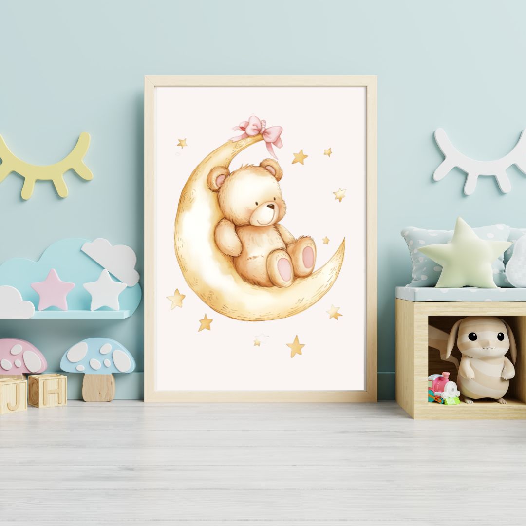 Framed artwork of a teddy bear on a moon with stars in a child's room.