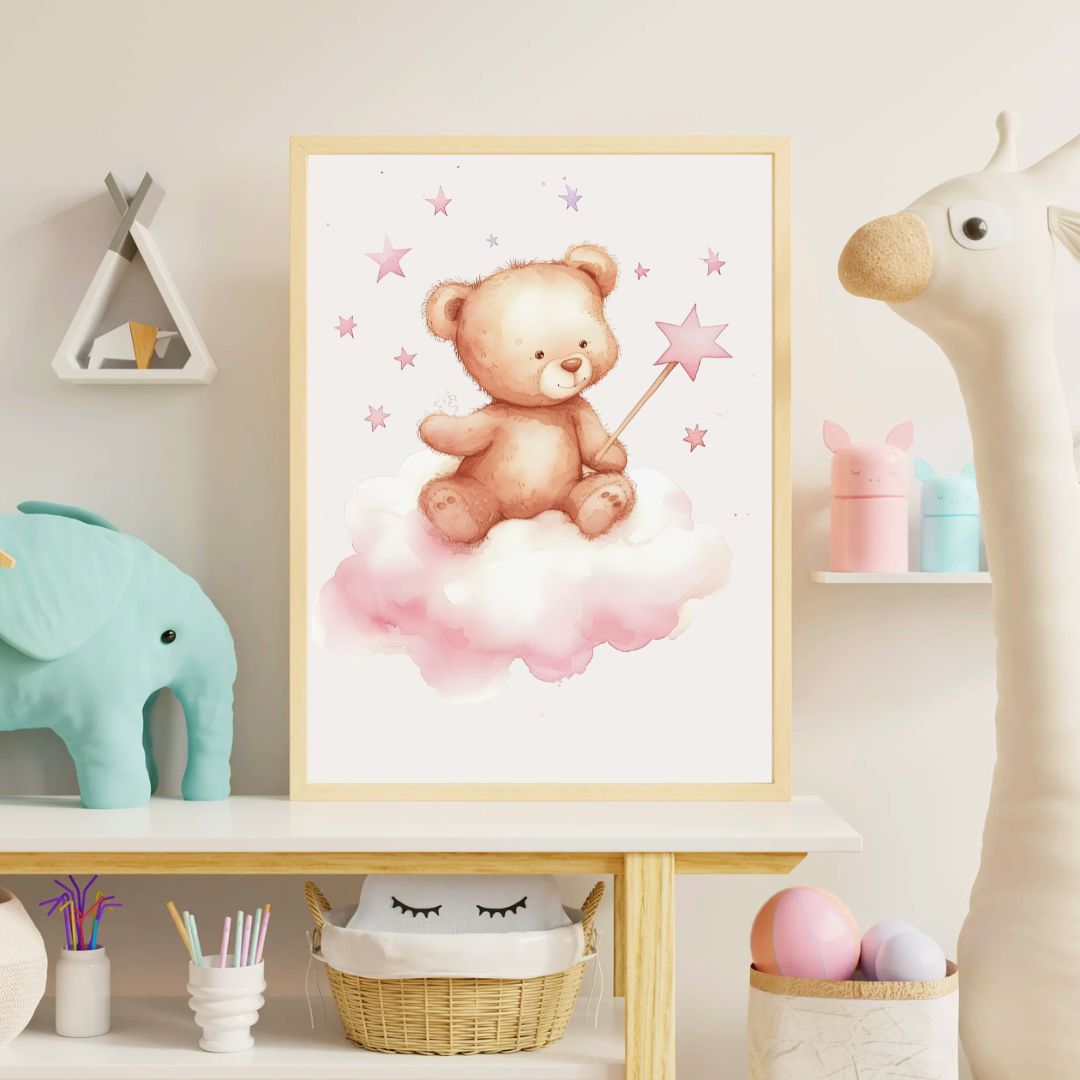 Framed children's poster of a teddy bear on a cloud with a wand in a playroom setting.