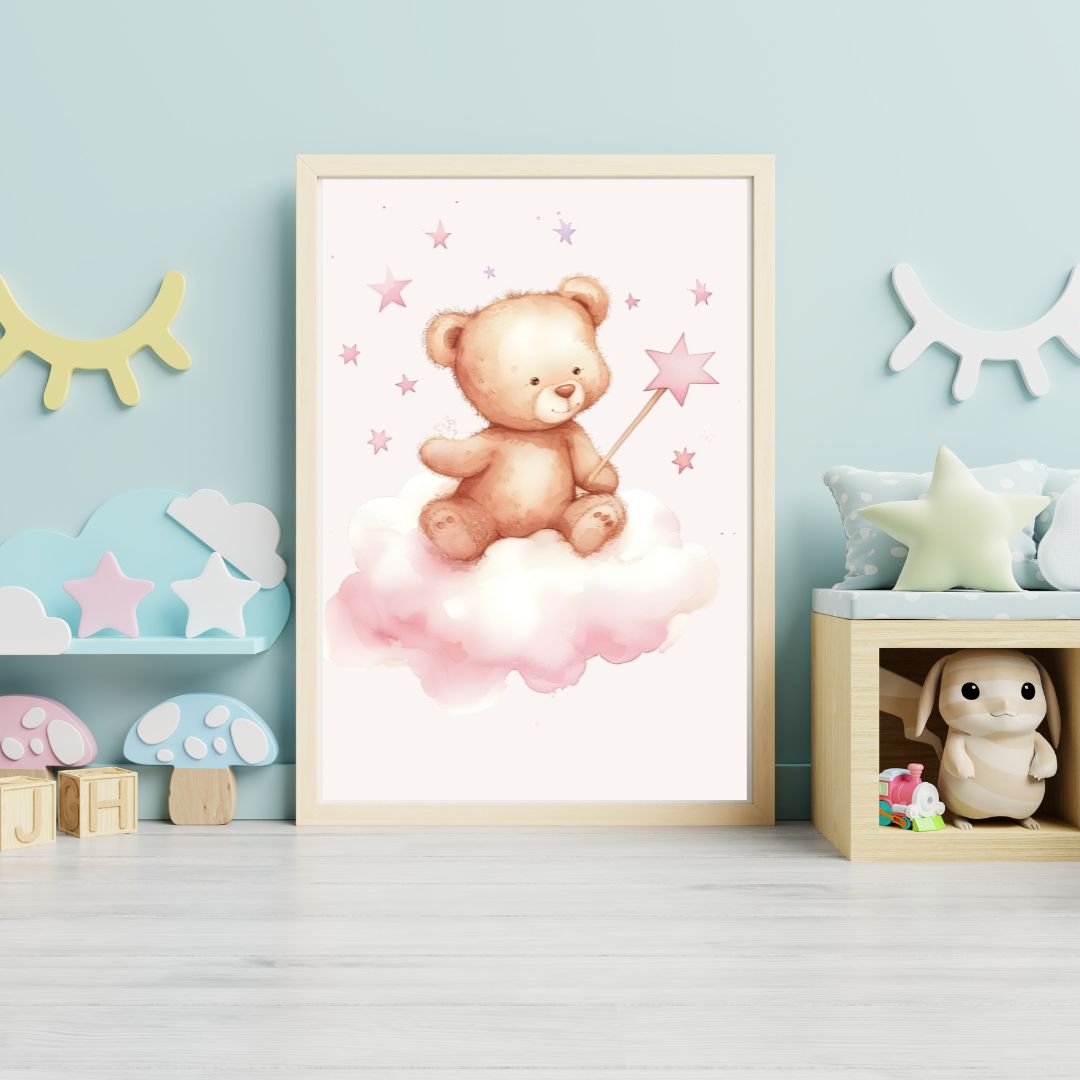 Framed artwork of a teddy bear on a cloud with stars in a child's room.