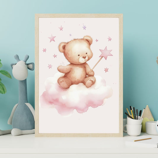 Framed artwork of a teddy bear on a cloud with stars, displayed on a shelf with toys and stationery.