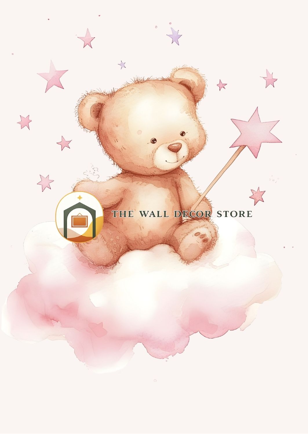 Illustration of a teddy bear holding a wand on a cloud with stars, featuring 'The Wall Decor Store' logo.