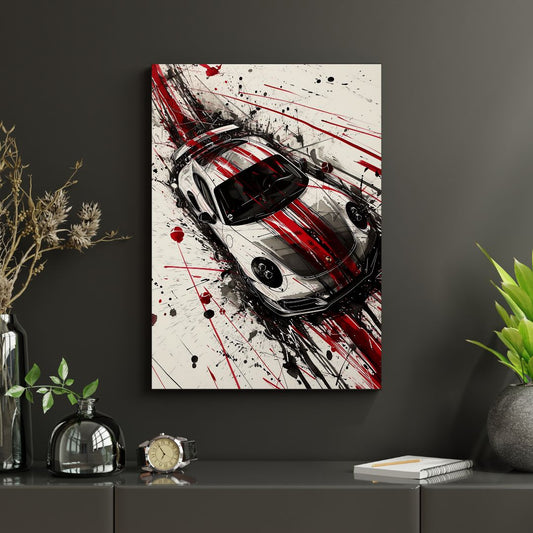 Car painting with red and black splashes on a dark wall