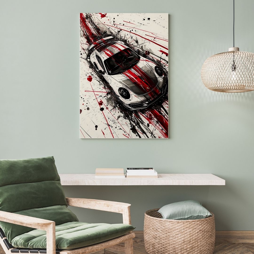 Abstract painting of a car on a wall above a green chair and small table.