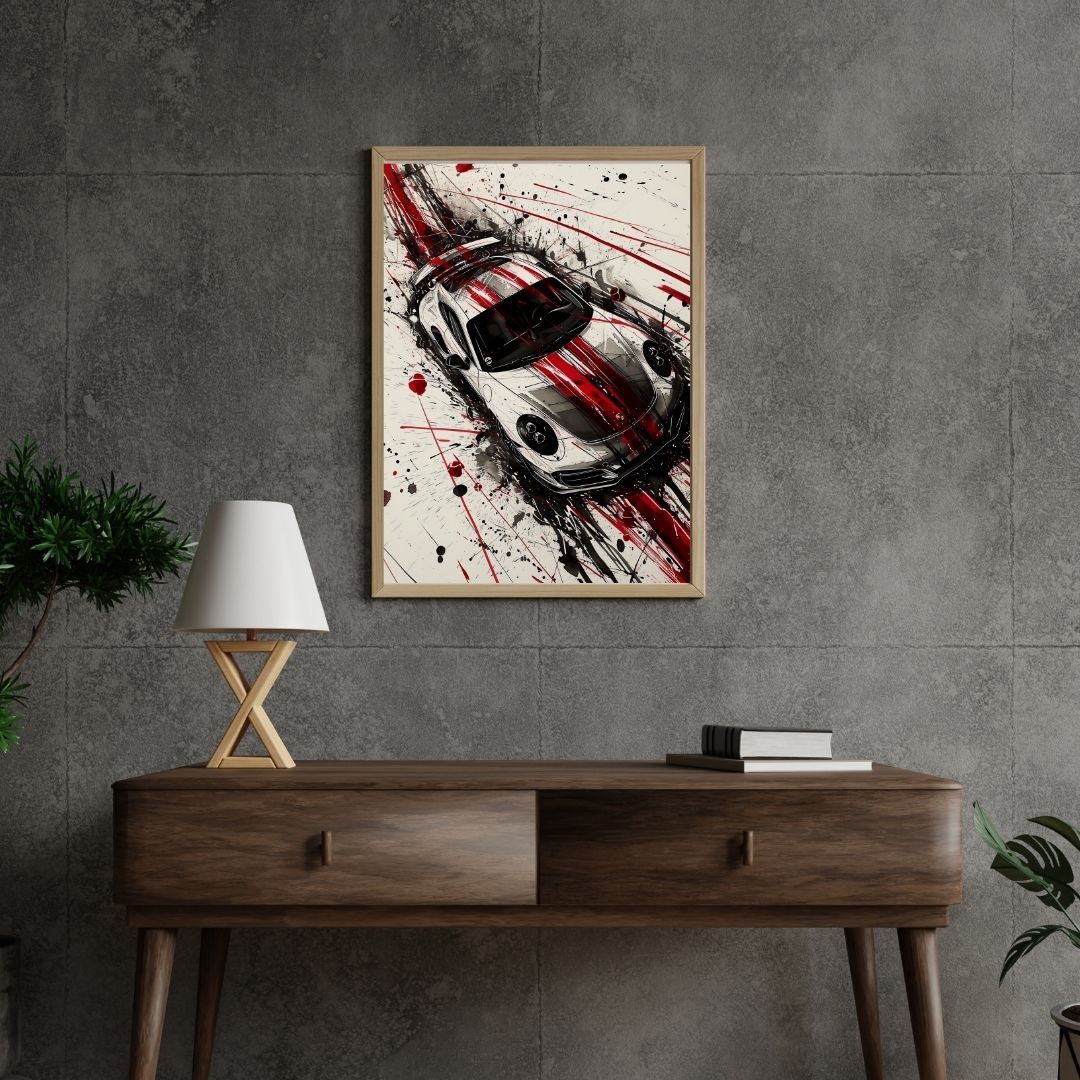 Framed abstract art of a car on a gray wall above a wooden console table.