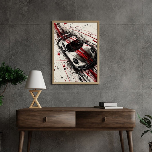Framed abstract art of a car on a gray wall above a wooden console table.