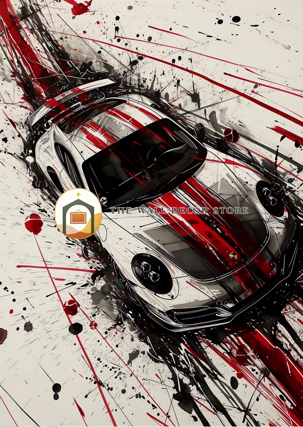 Artistic depiction of a car with red and black abstract splashes on a white background, featuring a brand logo.