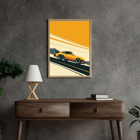 Framed artwork of a yellow car on a gray wall above a wooden console table.