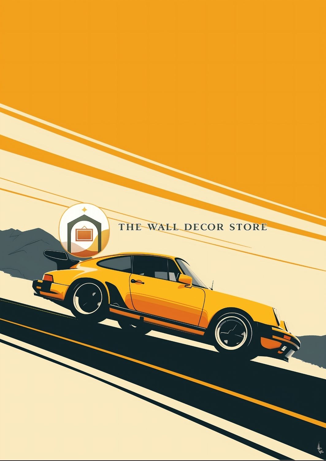 Yellow sports car on a road with 'The Wall Decor Store' logo.