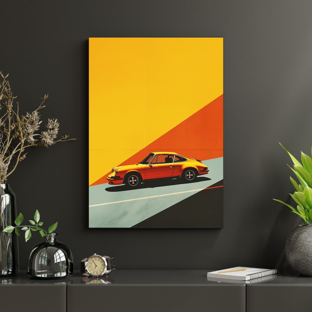 Framed artwork of a red sports car on a yellow and orange background, displayed on a dark wall with decorative items.