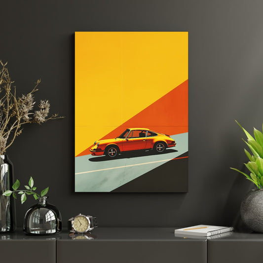Framed artwork of a red sports car on a yellow and orange background, displayed on a dark wall with decorative items.