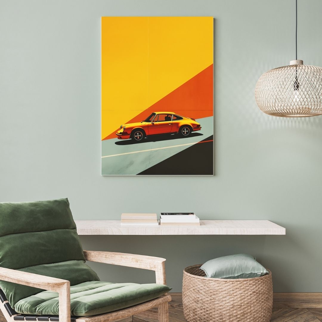 Living room with a green armchair, woven stool, and a painting of a red sports car on a yellow and orange background.