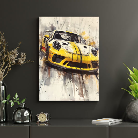 Canvas print of a yellow sports car on a dark wall with decorative items below.
