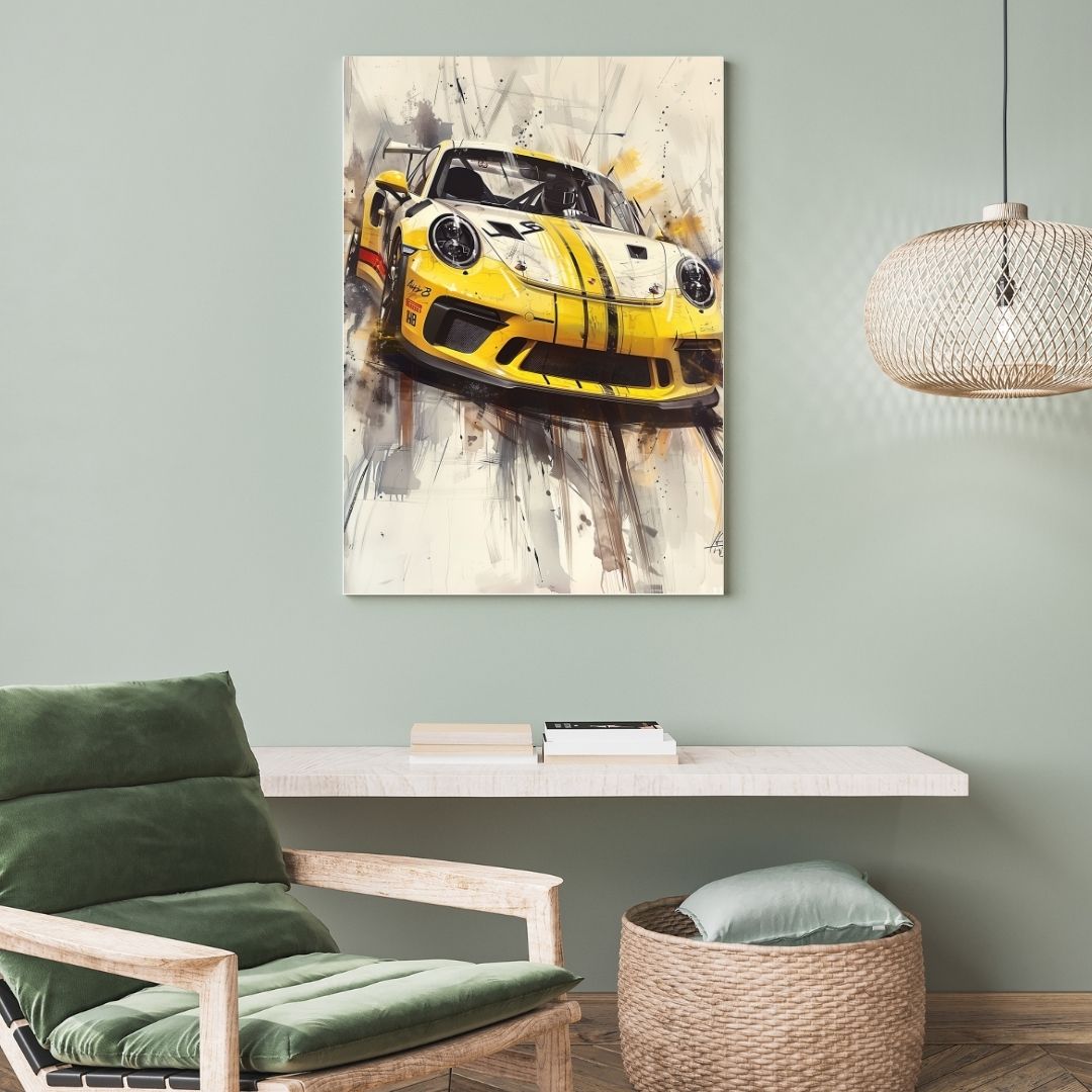 Canvas print of a yellow sports car on a wall in a living room.