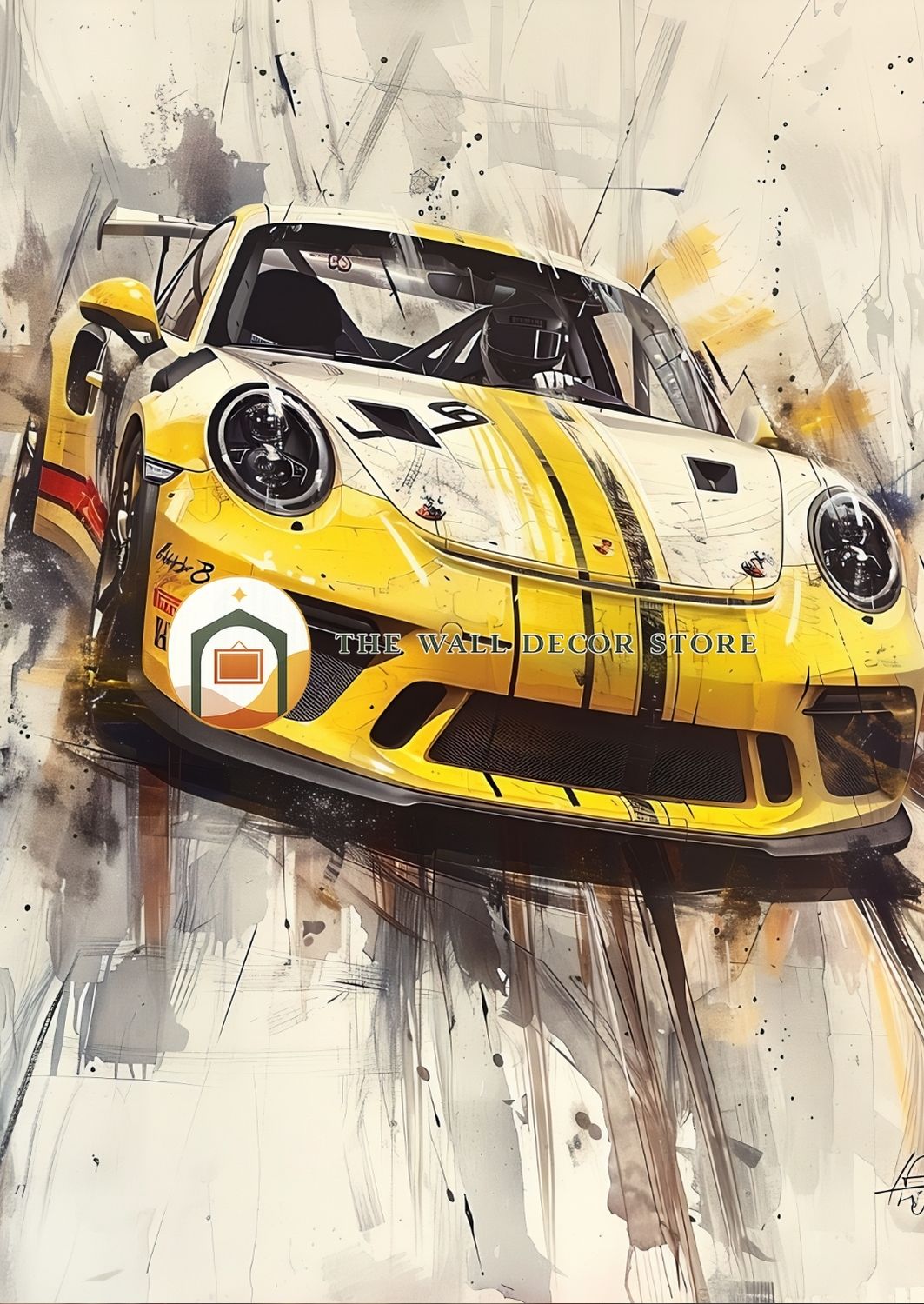 Artistic depiction of a yellow race car with abstract background